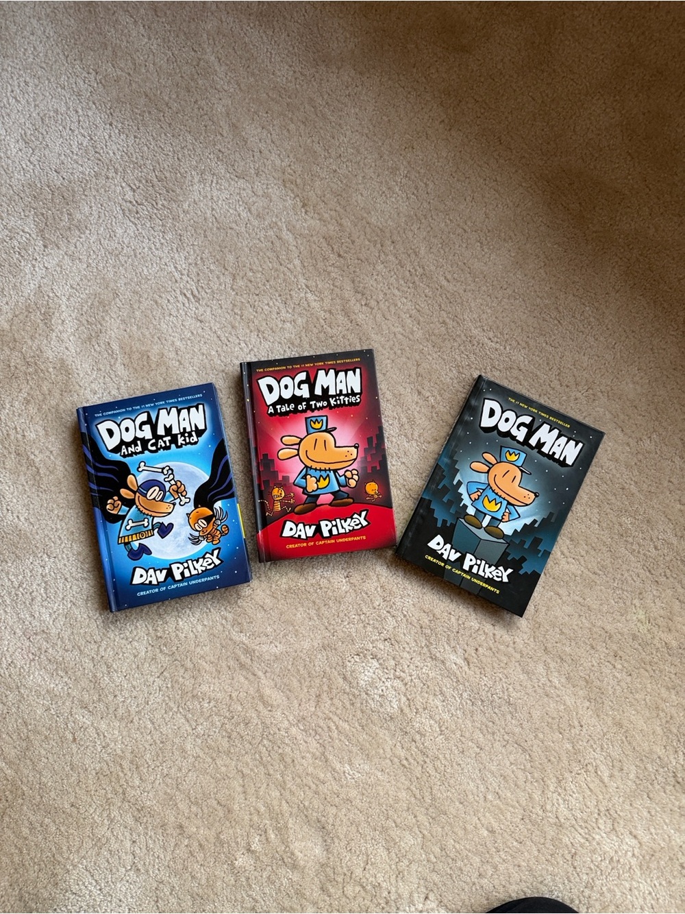3 Dog Man books, Dog Man, Dog Man a Tale of Two Kittens & Dog Man and Cat Kid.